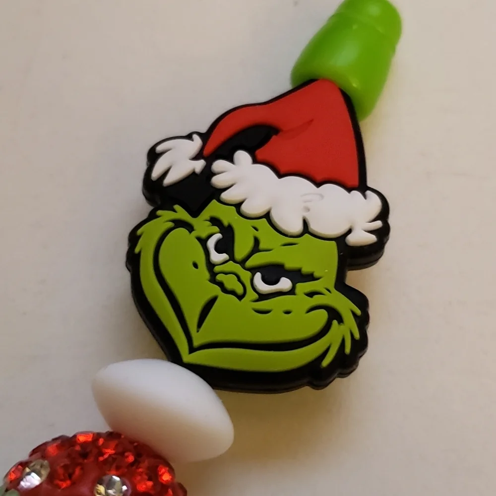Handmade Fluffy Plush Christmas Holiday Grinch Beaded Silicone Focal Bead Pen